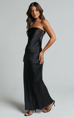 Strapless Cowl Back Satin Dress in Black