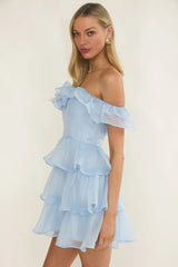 Elegeleges Off-Shoulder Ruffle Mini Dress Sky Blue