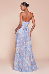 Cassie Gown - Blue - Strapless A-Line Floral Chiffon Dress