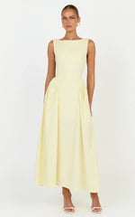 Casina Midi Dress - Boat Neck Tie Back Fit And Flare Dress in Yellow
