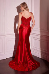 Della Gown - Red - Fitted Satin & Lace Embellished Gown