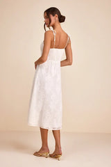 Loveliest Looks White Floral Jacquard Tie-Strap Midi Dress