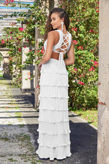 Saylor Pleated Satin Ruffle Maxi Dress - White