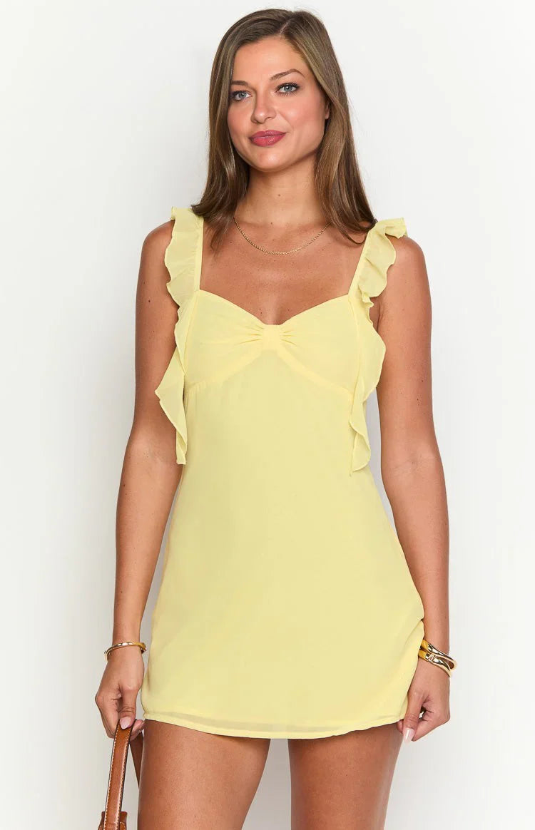 Elegeleges Yellow Chiffon Ruffle Mini Dress