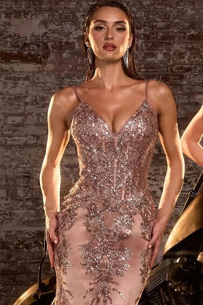 Lyra Gown - Mocha Gold - Fitted Floral Glitter Print Corset Gown