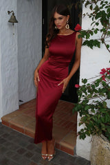 Kensington High Neck Satin Maxi Dress - Burgundy