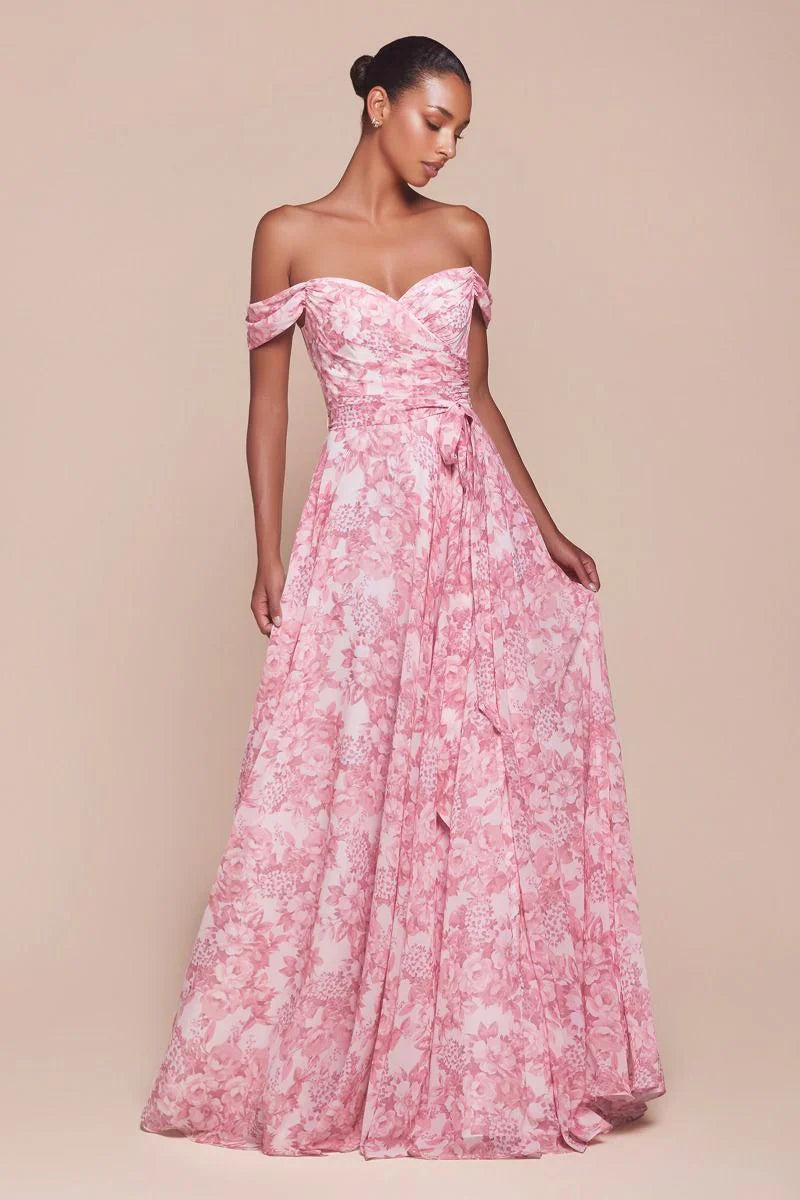 Tilda Gown - Rose - Off The Shoulder Floral Printed A-Line Dress
