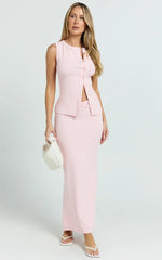 Brittany Two Piece Top and Skirt Set - Ribbed Midi Skirt Set in Pale Pink