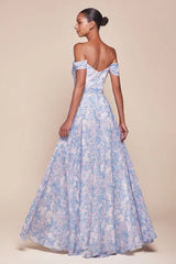 Tilda Gown - Blue - Off The Shoulder Floral Printed A-Line Dress