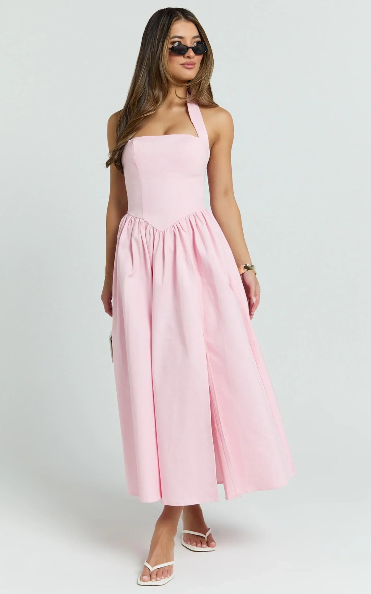 Halter Tie Neck Corset Panel Dress in Pink