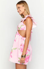 Elegeleges Pink Floral Print Mini Dress