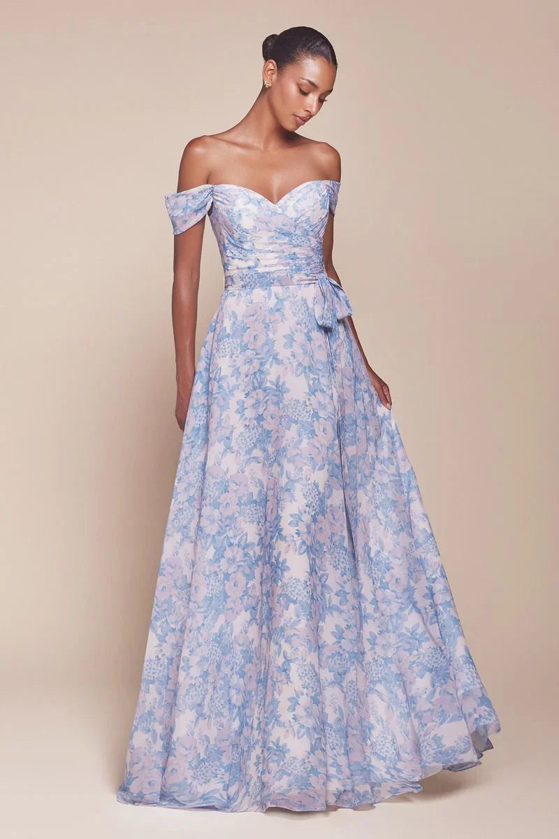 Tilda Gown - Blue - Off The Shoulder Floral Printed A-Line Dress