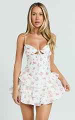 Justine Mini Dress - Strappy Tie Front Corset Waist Ruffle Hem Dress in Romantic Ditsy Print