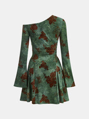 Flocked Floral Print One-Shoulder Mini Dress