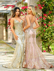 Lyra Gown - Rose Gold - Fitted Floral Glitter Print Corset Gown
