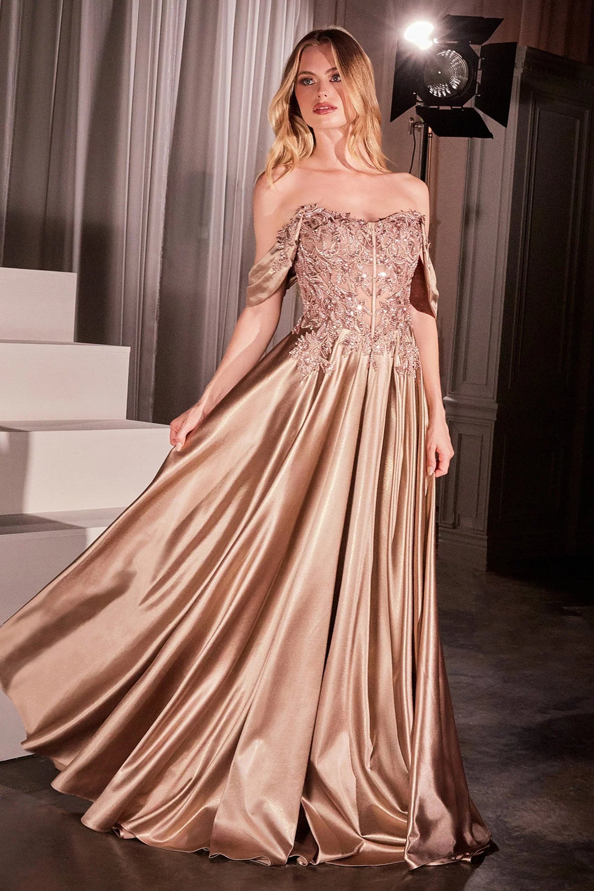Bronwyn Gown - Off-The-Shoulder Lace & Satin A-Line Dress