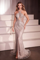 Irina Gown - Fitted Halter Beaded Gown