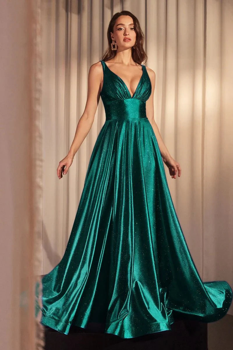 Cecily Gown - Emerald - Glimmering Stretch Satin A-Line Dress