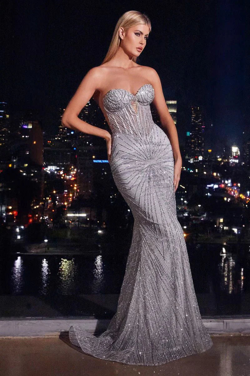 Maddox Gown - Silver - Strapless Glitter Embellished Gown