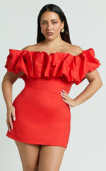 Coraline Mini Dress - Ruffle Off Shoulder Fitted Dress in Red