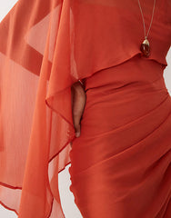 draped batwing asymmetric one sleeve maxi dress in orange