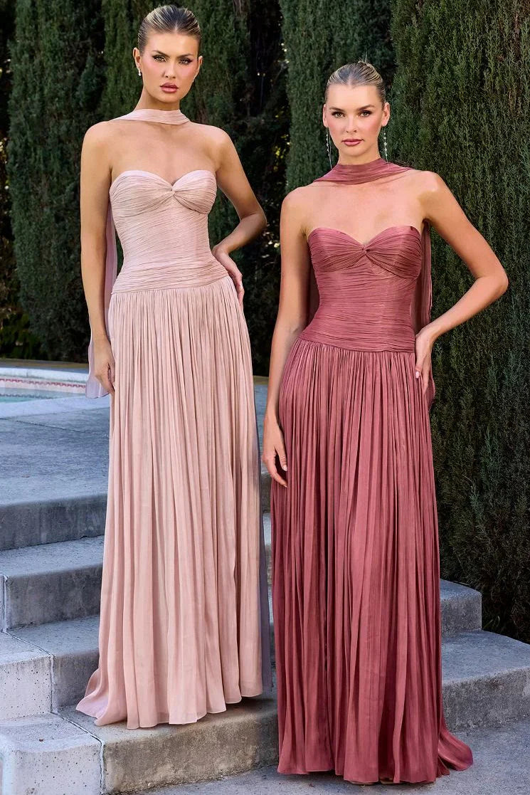 Linnea Gown - Strapless Shimmer Chiffon Dress With Scarf