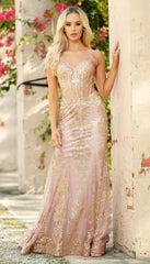 Lyra Gown - Rose Gold - Fitted Floral Glitter Print Corset Gown