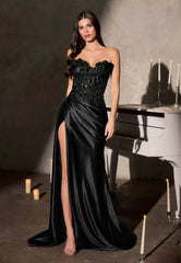 Leslie Gown – Strapless Floral Beaded Satin Evening Dress