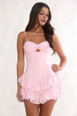 Elegeleges Heartstring Layered Hem Mini Dress Pink
