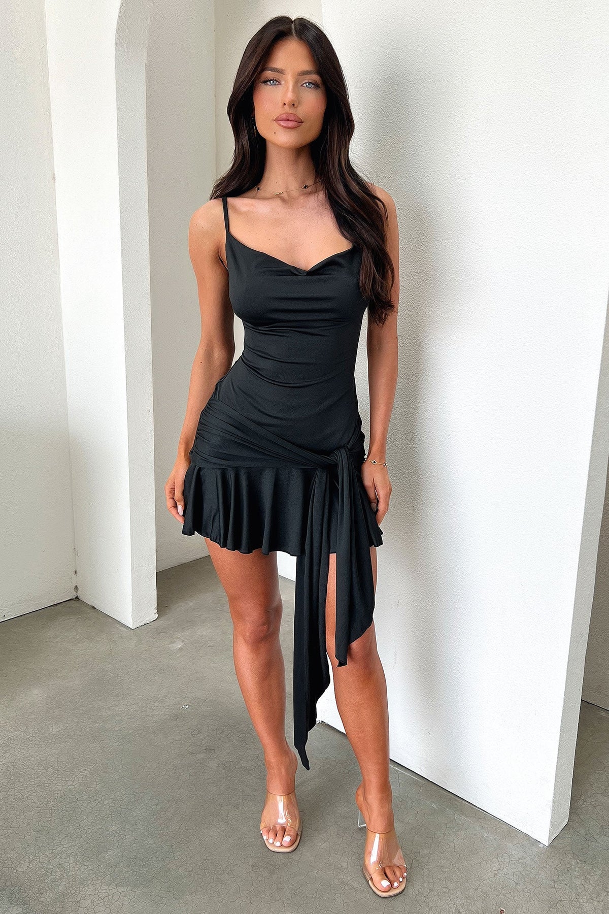 Angelina Cowl Neck Mini Dress - Black