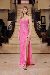 Journi Gown - Beaded Strapless Dress With High Slit