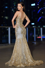 Lyra Gown - Gold Mist - Fitted Floral Glitter Print Corset Gown