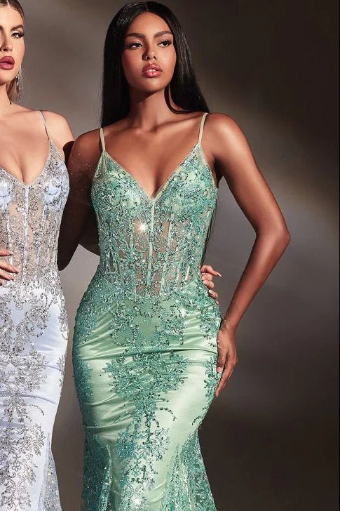 Lyra Gown - Sage - Fitted Floral Glitter Print Corset Gown