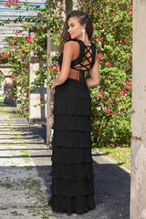 Saylor Pleated Satin Ruffle Maxi Dress - Black