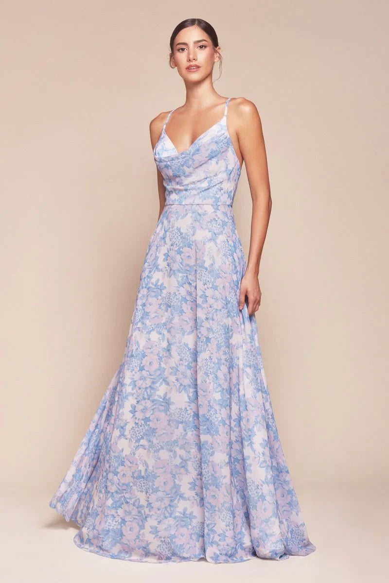 Iris Gown - Blue - A-Line Soft Chiffon Print Dress